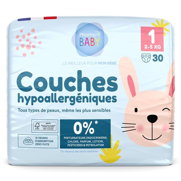 30 couches hypoallergéniques 2-5kg toute peau taille 1