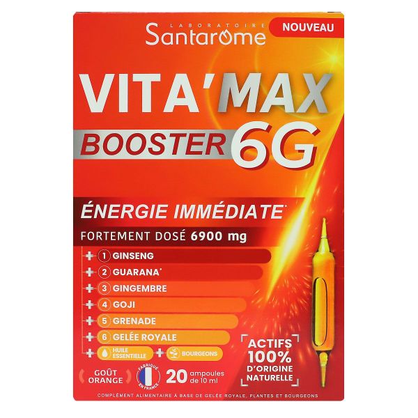 Vita Max Booster 6G énergie immédiate anti-fatigue 20 ampoules