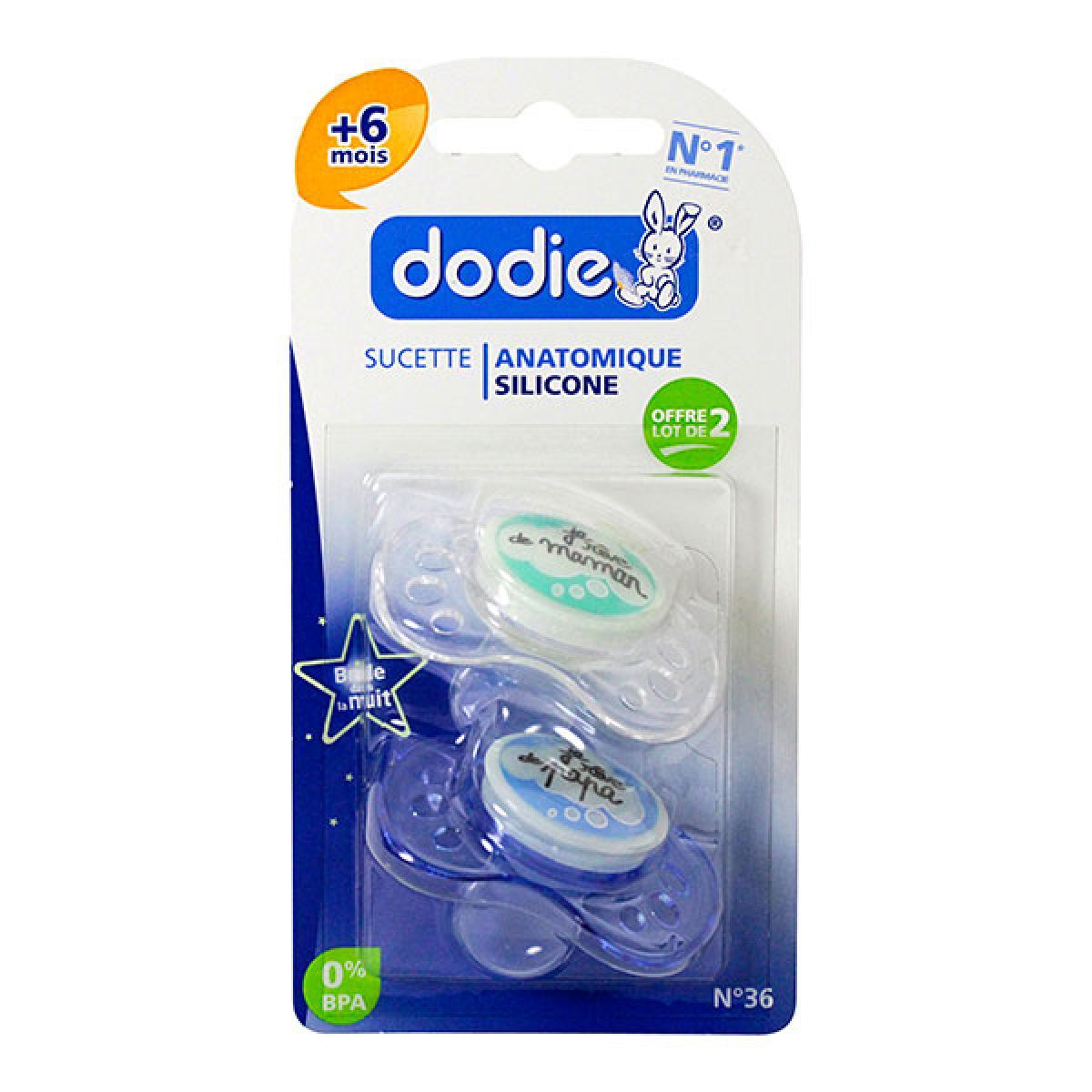 Dodie Duo sucette anatomique silicone +6 mois Nuit