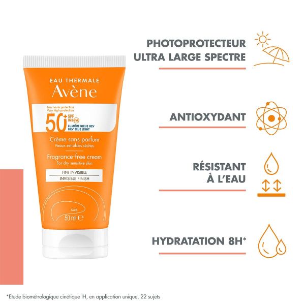 Crème sans parfum hydratation 8h SPF50+ peau sensible 50ml